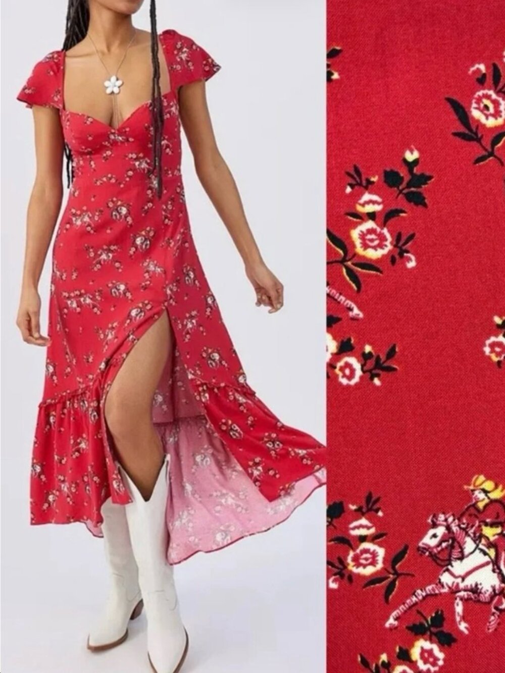 Urban Outfitters Siren Red Floral Western Cowboy Print Midi Dress Size XL Hi Lo